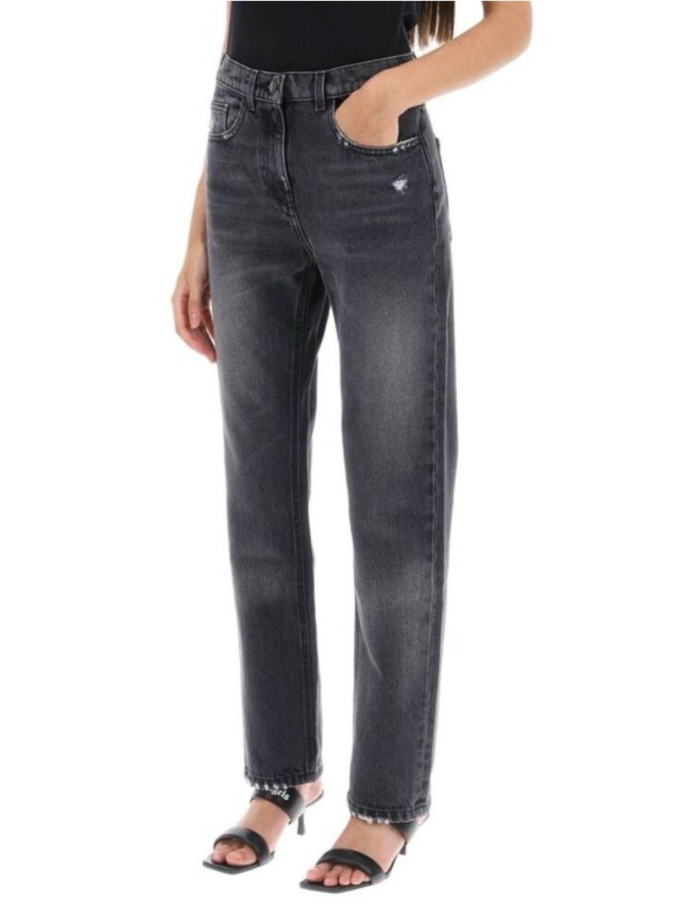 Palm Angels Distressed Straight Leg Jeans Charcoal Gray Washed Denim Size 27 - Picture 3 of 14
